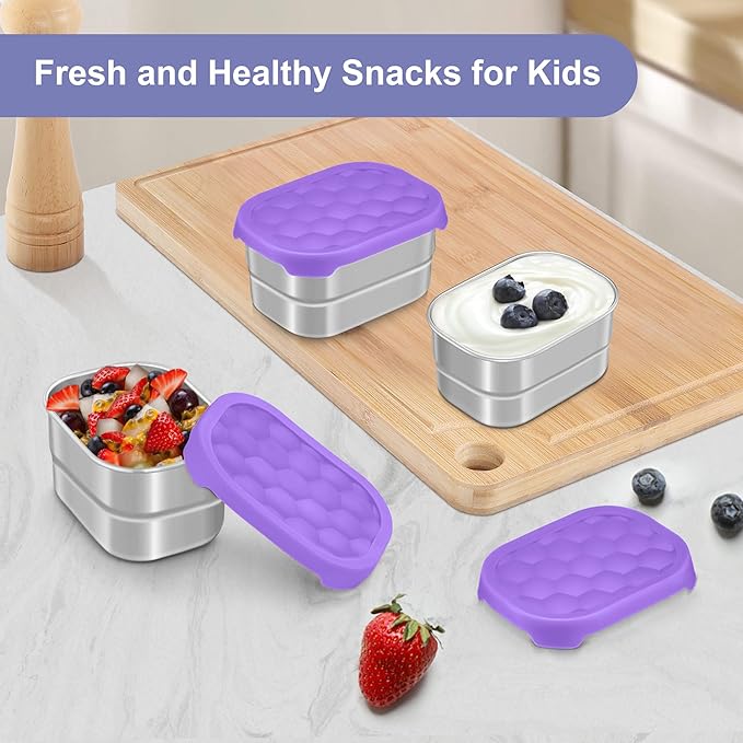 TeamFar 3 PCS Stainless Steel Snack Containers for Kids, 8oz /230ml Food Container with Easy Open Leakproof Silicone Lid, Metal Small Toddler Lunch Box for Daycare School, Healthy & Portable, Purple