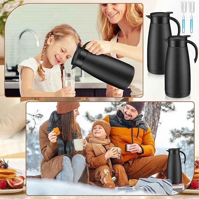 Uiifan 2 Pcs Thermal Coffee Carafe Insulated Stainless Steel Coffee Carafes for Keeping Hot and Cold Double Walled Vacuum Thermal Pot Flask with Brush for Water Milk Tea Home and Office(Black,51oz)
