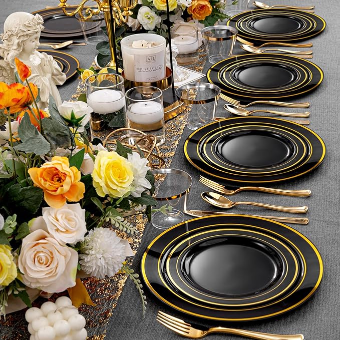 bUCLA 150 Pieces Black and Gold Disposable Dinnerware Set - 25 Guests Black Gold Plastic Plates Include 25 Dinner & 25 Dessert Plates, 25 Spoons, 25 Forks, 25 Knives, 25 Cups for Party & Halloween