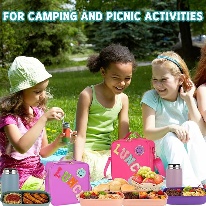 Bento Lunch Box Set for Girl Kids, with 10oz Soup Thermo, Leak-Proof Food Containers, Insulated Nylon Preppy Lunch Bag with Adjustable Strap for Girls School Travel Picnic