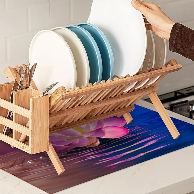 Pink Lotus Dish Drying Rack Mats Decor,Glittering Dish Pad Drying Mat Kitchen Counter 18x24 Inch Absorbent Reversible Microfiber for Coffee Bar Sink Countertop