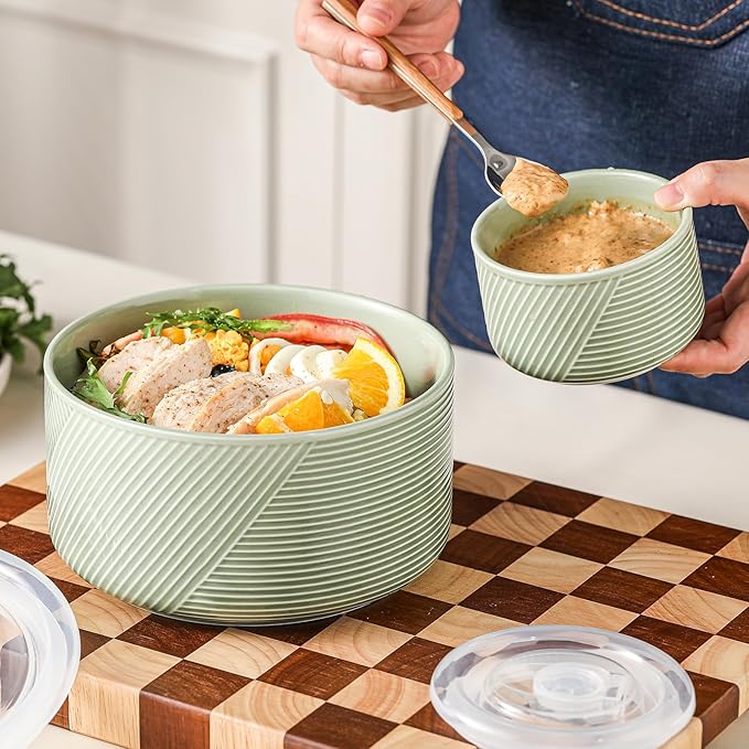 Ceramic Nesting Bowls with Lids: Mixing Bowls with Lids - Porcelain Food Storage Containers For Prep and Serving, Microwavable Kitchen Bowl Set of 4, 50/32/20/10 oz (Green)