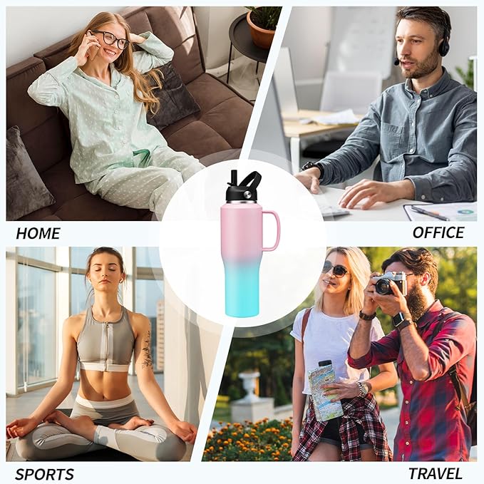 32oz Insulated Water Bottle - with Straw & Spout Lid, Strap Carrier Bag, Cold-48H & Hot-24H, Stainless Steel Travel Cup with Handle, Reusable Slim Metal Water Bottle for Car Travel Cycle Gym
