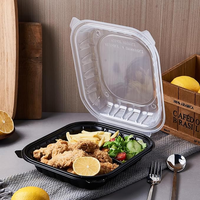 CIAO! 9"x9"x3" Polypropylene Black bottom with Clear Lid Hinged Container 3 Compartment Take Out Container, Microwavable, Recyclable and Reusable, (Case of 150)
