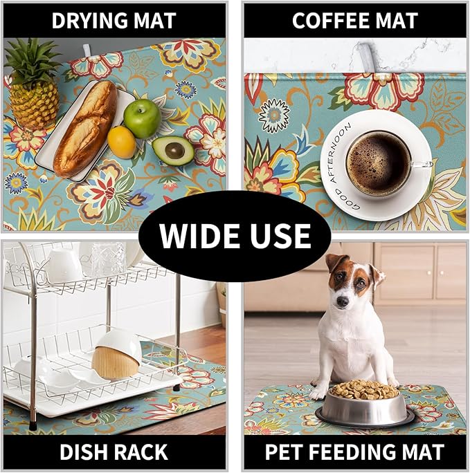 Boho Floral Kitchen Dish Drying Mat for Dishes 16x18 Inch Vintage Mandala Colorful Flowers Drying Mat Green Bohemian Dish Drainer Mat Super Absorbent Dish Rack Pad for Coffee Bar Sinks