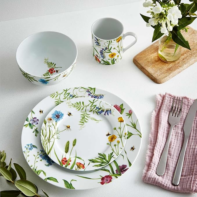Portmeirion Home Bumble Bee 16 Piece Set - Colorful Wildflower & Bee Pattern, Porcelain Plates, Bowls & Mugs for Breakfast, Lunch or Dinner, Great for Spring Gatherings - Microwave, Dishwasher Safe