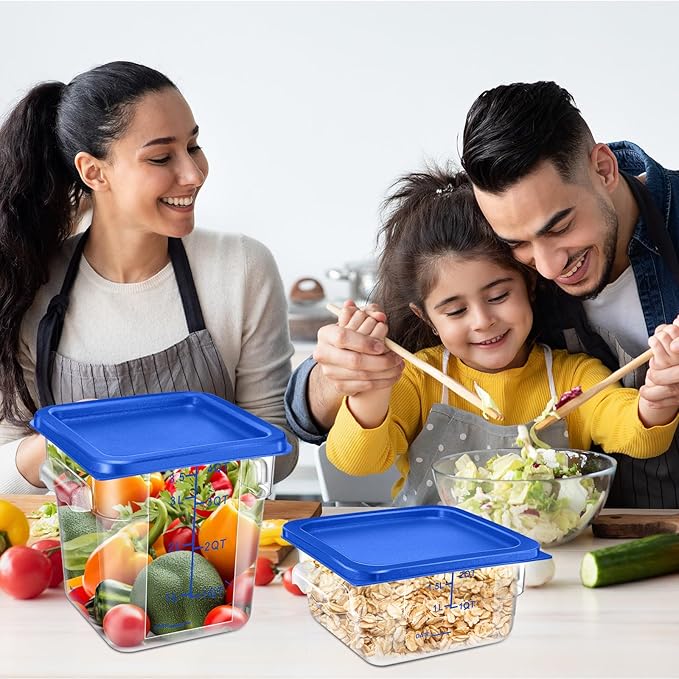 Suclain 8 Pcs Food Storage Container with Lids Set 2qt and 4qt Square Clear Commercial Containers with Scales Handles for Home Restaurant Kitchen Food Storage, Marinating Meat, Proof Dough (Blue)