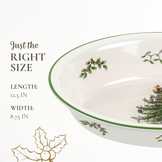 Spode Christmas Tree Oval Rim Dish (12.5" x 8.75") Festive Deep Baking Pan for Serving Vegetables, Roast Dinner, Casseroles - Fine Porcelain, Microwave, Freezer, Dishwasher Safe