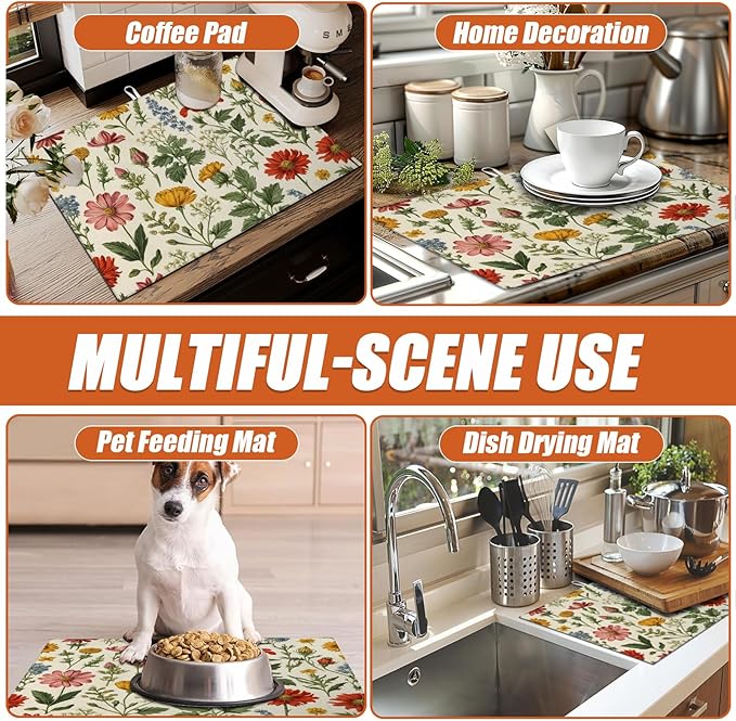 Spring Wild Flower Dish Drying Mat for Kitchen Counter Microfiber Absorbent Dish Kitchen Drying Mat Draining Reusable Washable for Dishes/Utensils/Counterto
