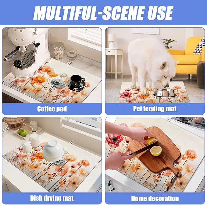 Poppy Dish Drying Mat for Kitchen Counter Wild Flower Drying Pad Absorbent Reversible Dish Drainer Rack Mats Draining Pad 18"x24"Inch