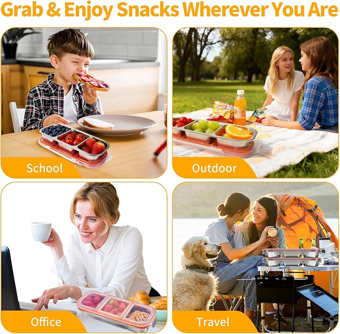 3 Pack 304 Stainless Steel Snack Containers, Reusable Leek Proof Metal Lunch Box with 3 Compartment, Food Storage Containers for Home, Work, Travel