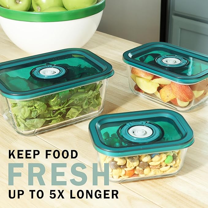 Avid Armor BPA-Free Borosilicate Glass Vacuum Containers, Set of 3 (12.5 oz, 23.7 oz, 38.9 oz) – Green SAN Lid with Date Coding, Works with Most Vacuum Sealers for Dry Goods & Marinating Includes Hose