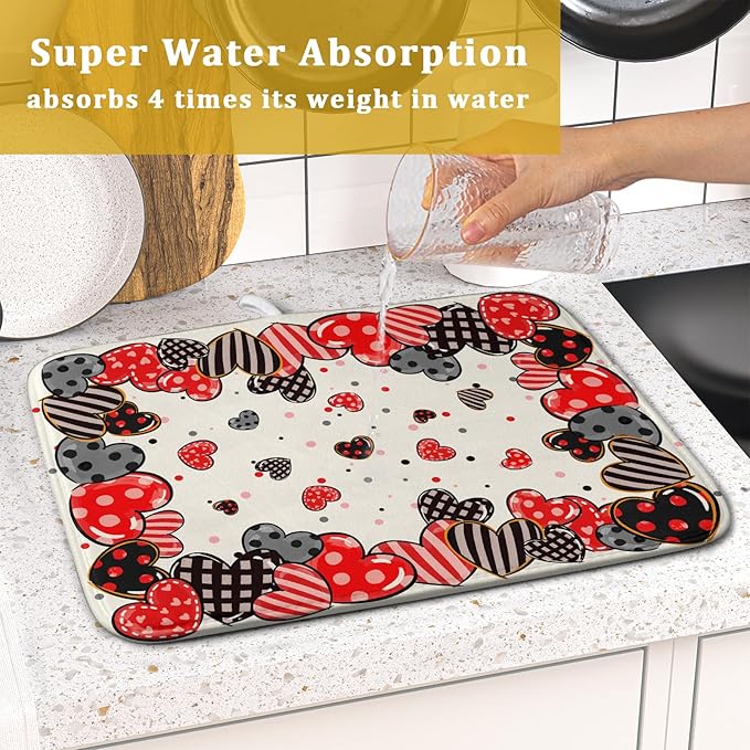 Red Heart Dish Drying Mat 16"x18" Love Dots Microfiber Dish Drainer Rack Mat Holiday Absorbent Fast Dry Pad for Kitchen Counter Home Decor