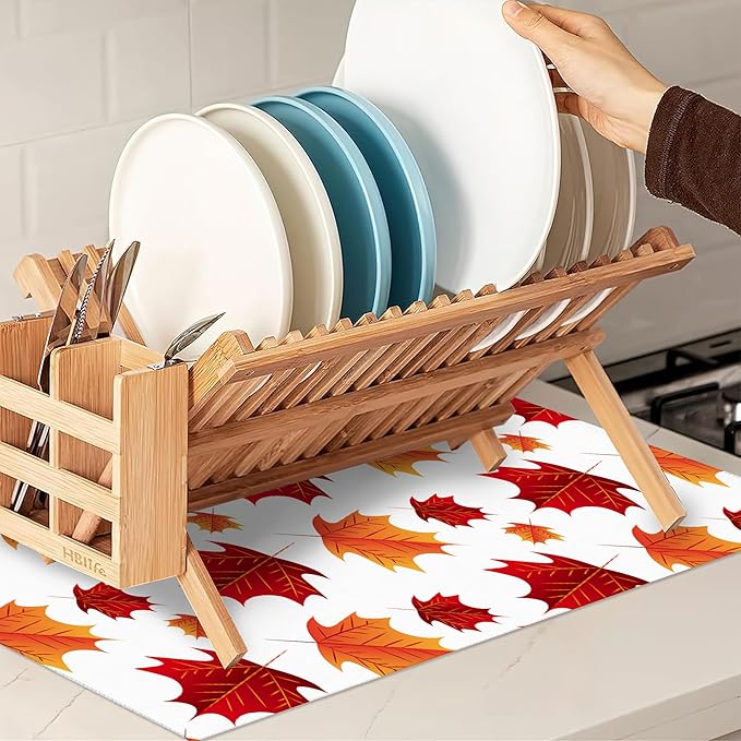 Autumn Maple Leaves Dish Drying Rack Mat for Kitchen Counter, Dish Drying Pad Absorbent Reversible Microfiber Protector for Coffee Bar Sink Countertops 18x24 Inch