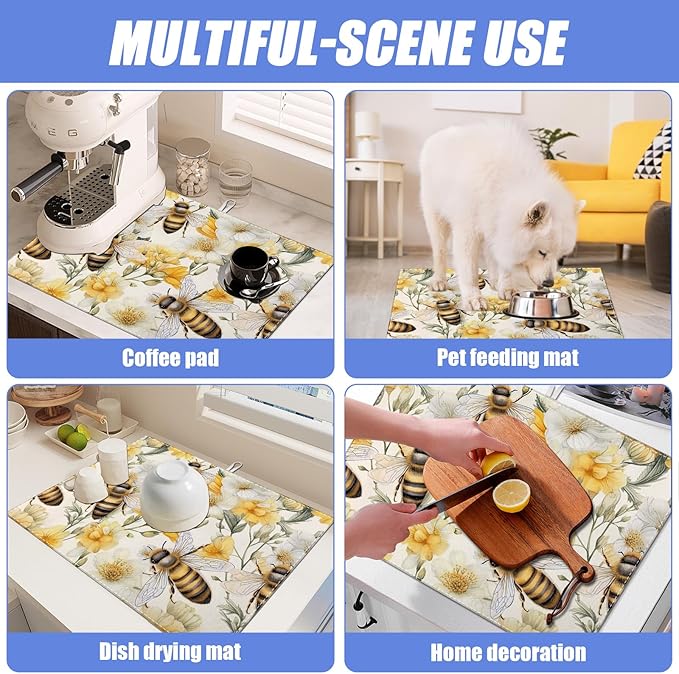 Watercolor Bee Floral Dish Drying Mat for Kitchen Counter Drying Pad Absorbent Reversible Dish Drainer Rack Mats Draining Pad 18"x24"Inch