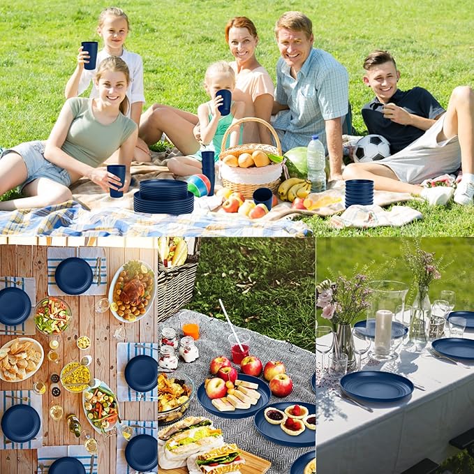 Blue Dinnerware Sets for 8,Blue Plates and Bowls Sets Plastic,Wheat Straw Dinnerware Sets Unbreakable Microwave Safe Lightweight,32 Pcs Dishes Set for 4th of july Apartment Essentials Dorm