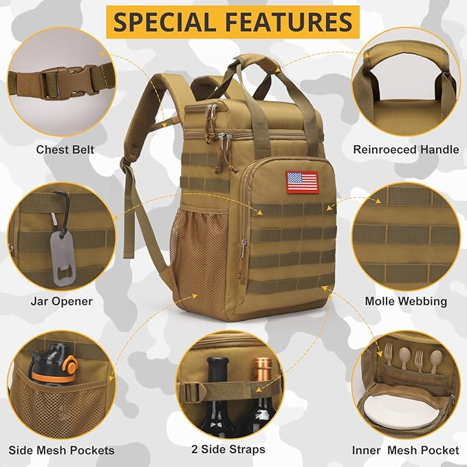 Tactical Backpack Cooler,Lunch Backpack for Men Adults Work with Handle,Soft Cooler Backpack Insulated Waterproof Leak Proof