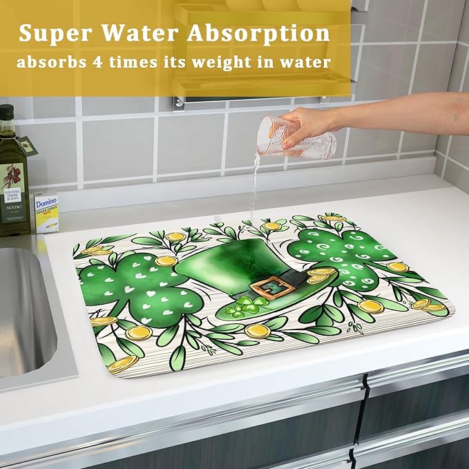 St Patrick's Day Shamrock Dish Drying Mat 18x24 inch Eucalyptus Leaves Dishes Pad Dish Drainer Mats Absorbent Fast Dry Kitchen Accessories