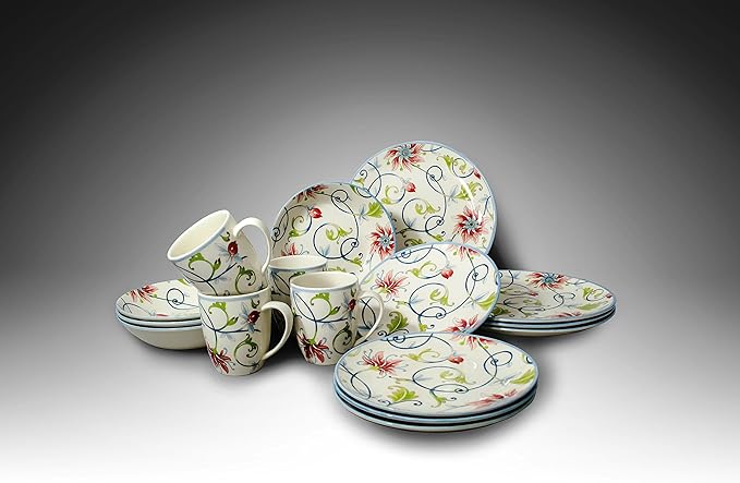 Tudor Royal Collection 16-Piece Round Dinnerware Set, Service for 4, Botanical Design, Plates Bowls Dishes, High-Gloss Premium Quality
