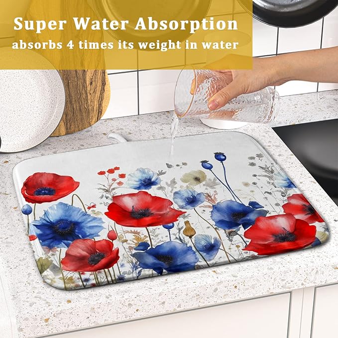 Poppy Flower Dish Drying Mat 16x18 for Kitchen Memorial Independence Day 4th of July USA Red Blue Flower Dishes Dry Pad Drainer Rack Mats Absorbent Hanging Loop Kitchen Accessories