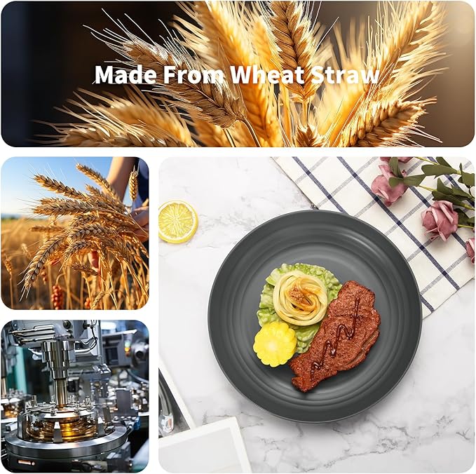 Lazycorner 48-Pcs Kitchen Wheat Straw Dinnerware Set, Service for 8, Plastic Reuasble Dinner Dishes Serving Plate Set for Kitchen, Including Dinner Plate, Dessert Plate, Bowl, Cup(Grey)