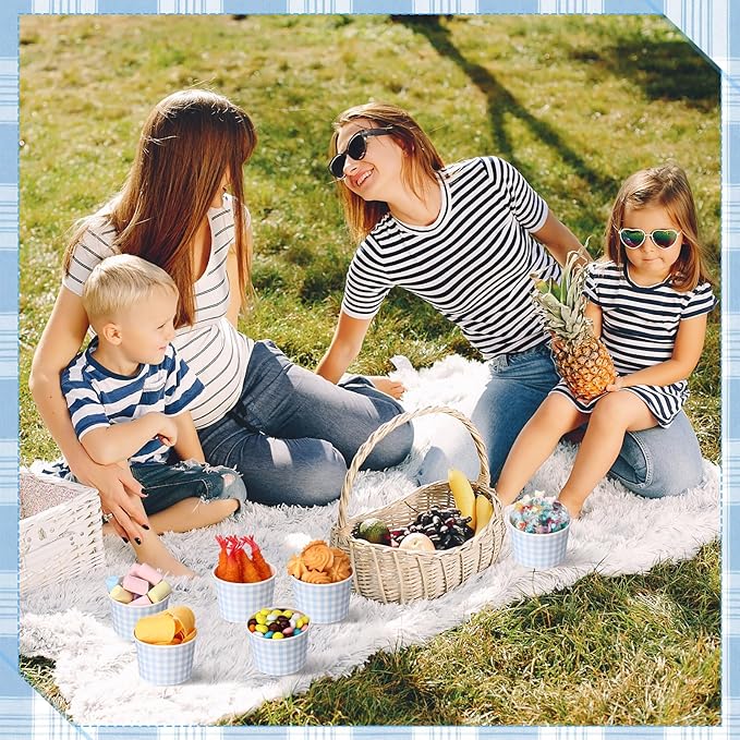 50 Pack Blue Gingham Ice Cream Cups 9 oz Blue and White Checkered Disposable Dessert Bowls Paper Soup Bowls Plaid Snack Cups for Hot or Cold Food for Baby Shower Wedding Birthday