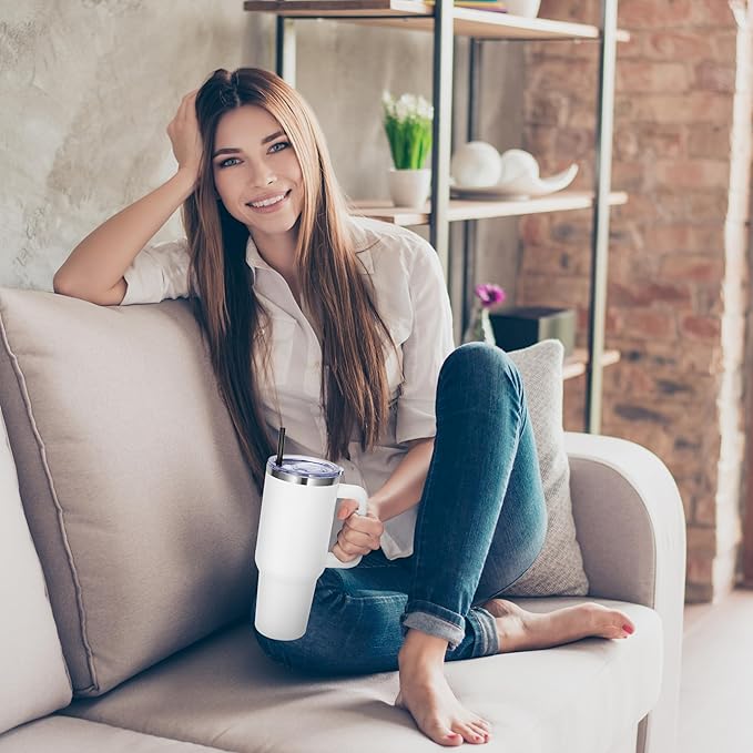 DOMICARE 40 oz Tumbler with Handle and Straw, Stainless Steel Tumbler with Lid and Straw, Reusable Vacuum Insulated Cup, Travel Coffee Mug, White, 1Pack