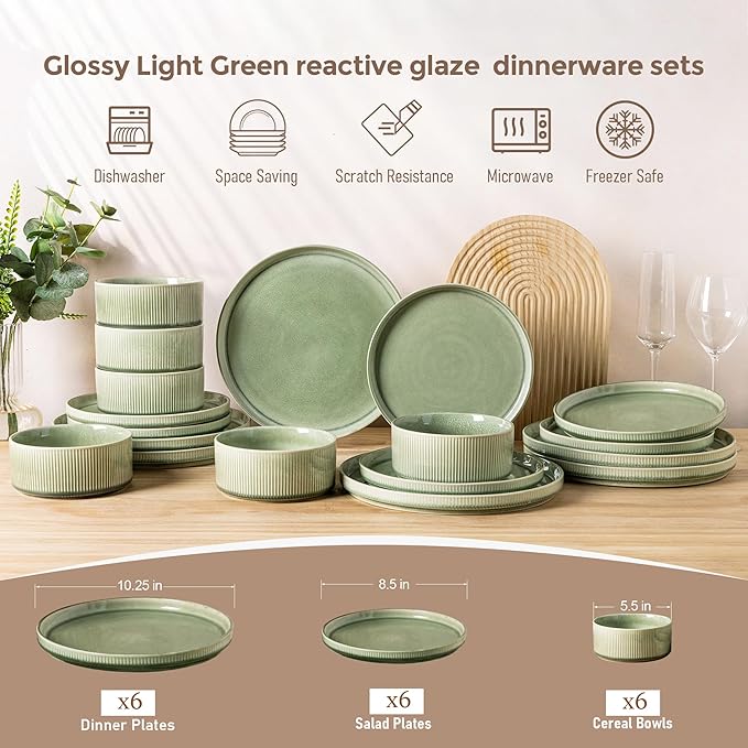 GBHOME Stoneware Dinnerware Sets for 6,Round Reactive Glaze Ceramic Plates and Bowls Set,Highly Scratch Resistant | Dishwasher & Microwave Safe Dishes Set,Service for 6(18Pcs)