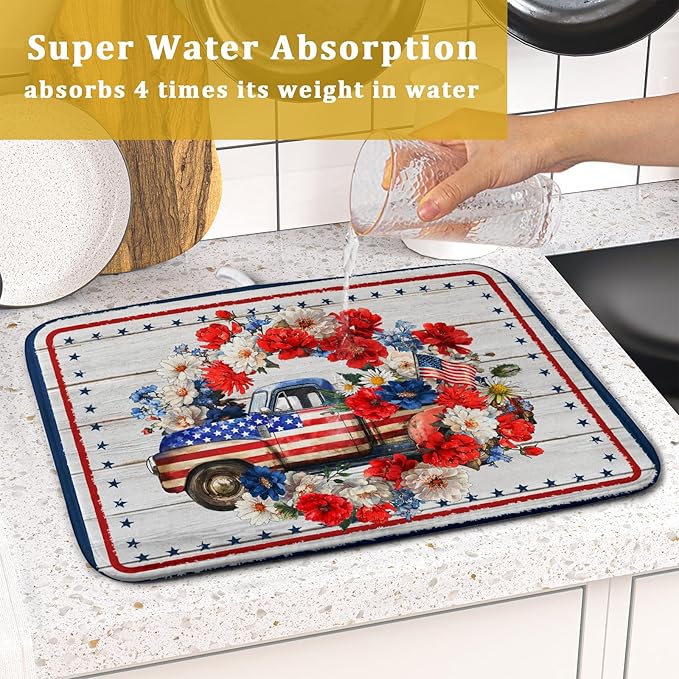 American Flag Dish Drainer Mat Flowers Absorbent Dish Rack Pad for Kitchen Coffee Bar Sinks