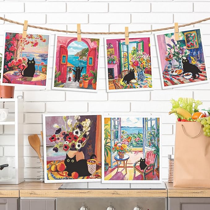 Black Cat Swedish Cloths - 6PCS Oil Painting Black Cat Swedish Dishcloths for Kitchen, Kitten Reusable Dish Towels for Washing Dishes, Washable Cleaning Sponge Gifts Quick Drying