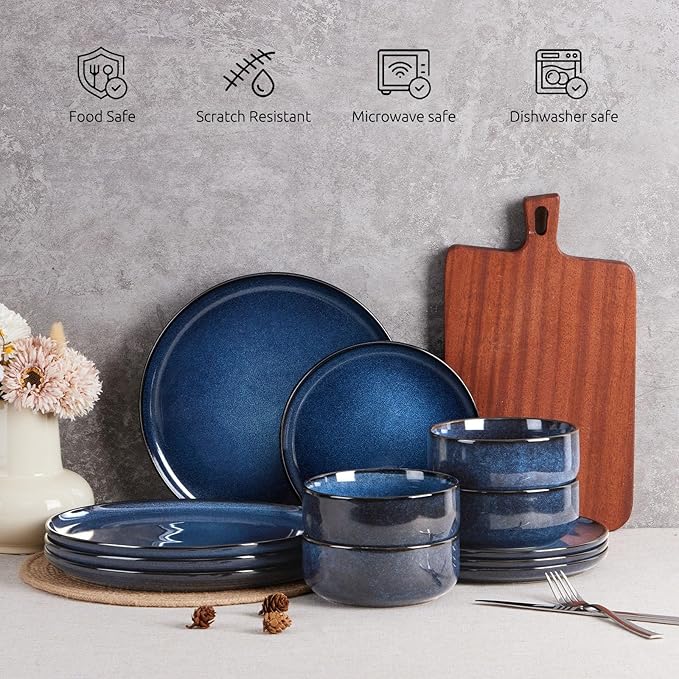 E-far Dinnerware Sets for 2, 6-Piece Stoneware Plates and Bowls Set, Ceramic Dishes Reactive Glaze Dinning Ware, Microwave & Dishwasher Safe - Deep Sea Blue
