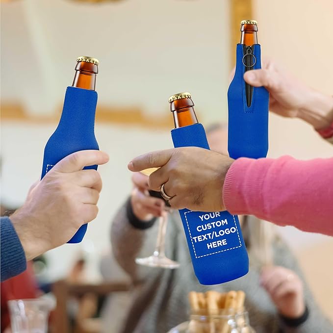 10 Neoprene Zippered Beer Bottle Coolies Pack - Customizable Text, Logo - Sharkskin Rubber Bottom - Royal Blue