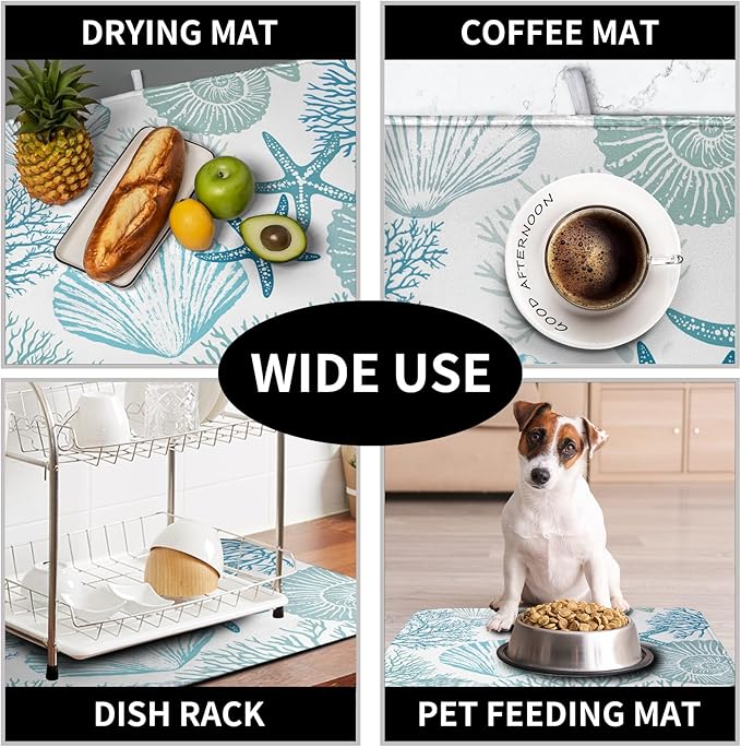 Summer Teal Dish Drying Mat for Kitchen Counter Nautical Coastal Blue Dishes Drainer Mats Turquoise Beach Coral Seashell Starfish Ocean Absorbent Microfiber Dish Draining Pad 18x24 Inch