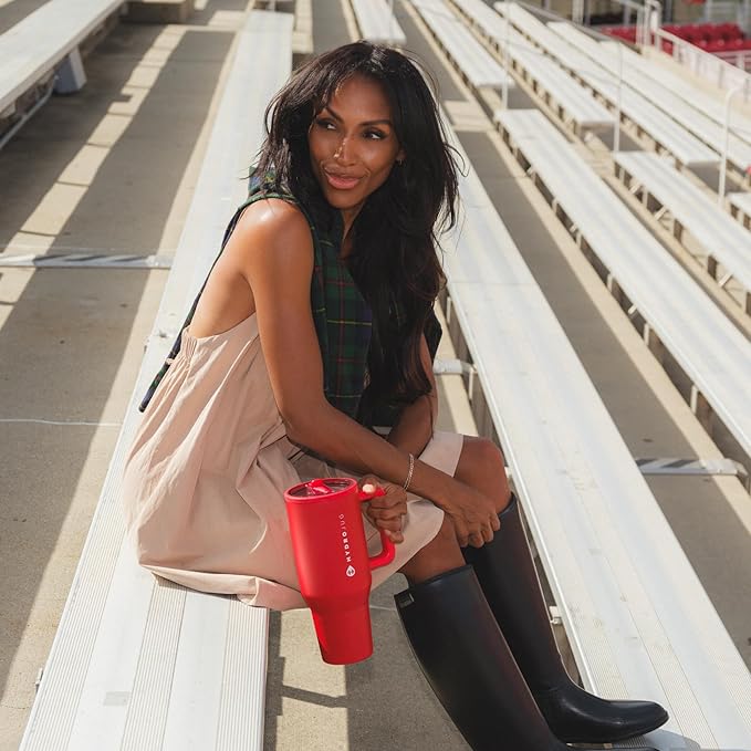 HydroJug Traveler - 32 oz Water Bottle with Handle & Flip Straw - Fits in Cup Holder, Leak Resistant Tumbler-Reusable Insulated Stainless Steel & Rubber Base - Gifts for Women & Men, Alumni Red