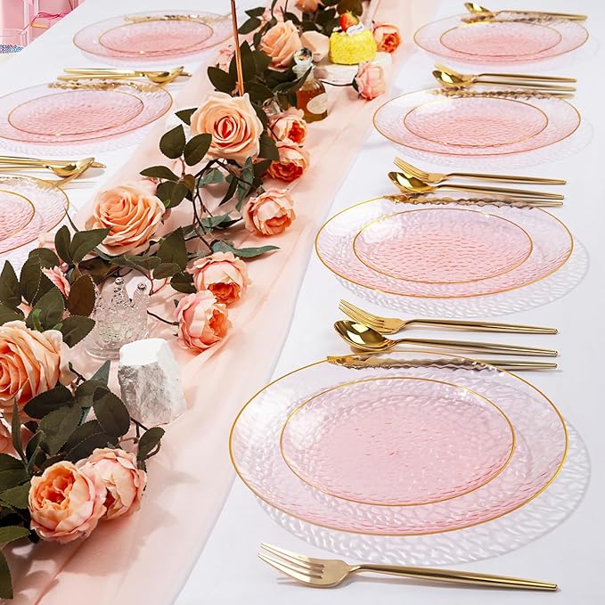 Rubtlamp 60 Pieces Pink Gold Plastic Plates - 10 inch Pink Plastic Dinner Plates - Hammer Pattern Design - Fancy Clear and Gold Disposable Plates Ideal for Mother's Day