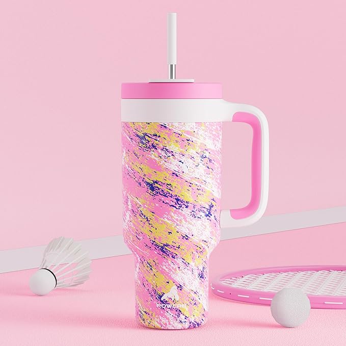 40 oz Tumbler with Handle, 2-in-1 Straw and Sip Lid, Leakproof, Dishwasher Safe, Insulated Stainless Steel Travel Coffee Mug, Keeps Cold for 34 Hours, Fits in Car Cup Holder (Pink Ladies)