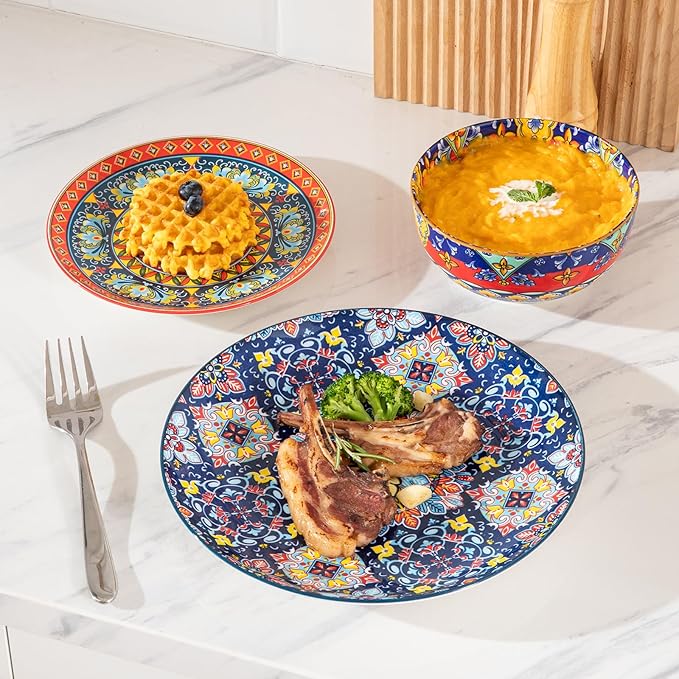 Sweejar Ceramic Dinnerware Sets for 6,18 Pieces Boho Plates and Bowls for Kitchen,Housewaring Gift,Bohemian Style Dish Set,Dishwasher and Microwave Safe(Colorful)