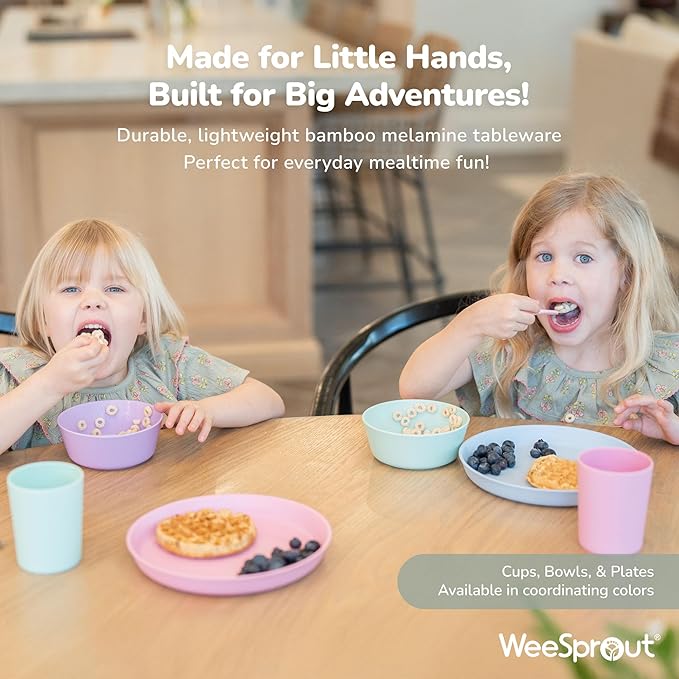 WeeSprout Bamboo Kids Bowls with Lids, Set of Four 10 oz Kid-Sized Dinnerware, Cereal, Leftovers & Snack Bowl, Dishwasher Safe (Pink, Green, Gray, & Beige)