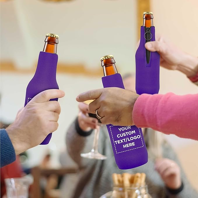100 Neoprene Zippered Beer Bottle Coolies Pack - Customizable Text, Logo - Sharkskin Rubber Bottom - Purple