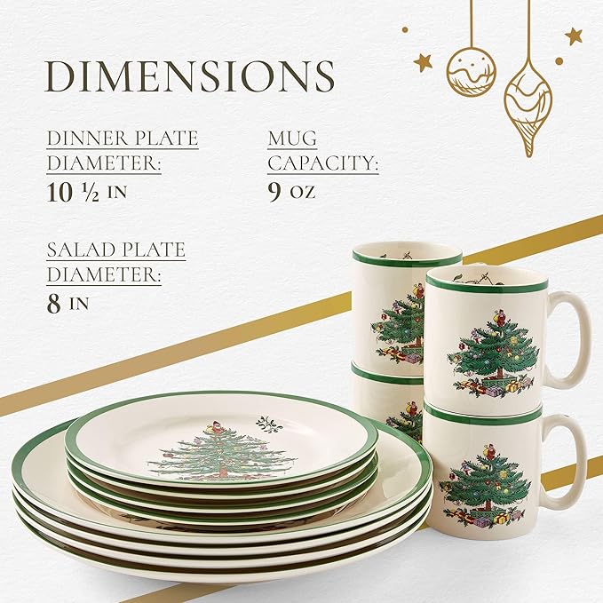 Spode Christmas Tree 12-Piece Dinnerware Set (Service for 4) - Festive Holiday Tableware with Plates & Mugs - Fine Earthenware Christmas Dinnerware - Microwave & Dishwasher Safe