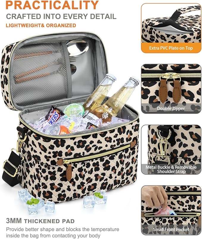 Capolo Lunch Box for Women Men Adults,Insulated Lunch Bag Leakproof Lunch Cooler Box with Removable Strap Cute Lunch Tote Bags Reusable Thermal Lunchbox for School Work Picnic(Small,Leopard)