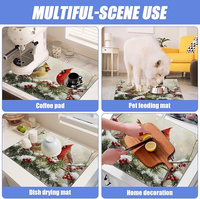 Winter Cardinal Bird Dish Drying Mat for Kitchen Counter Snow Drying Pad Absorbent Reversible Dish Drainer Rack Mats Draining Pad 18"x24"Inch