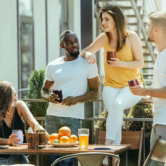 MEWAY 12oz/12 Pack Wine Tumbler Glasses with Lid - Stemless Double Wall Vacuum Stainless Steel Glitter Tumbler - Keeping Cold & Hot Cup for Coffee,Gift for Women(Rainbow Black,Set of 12)