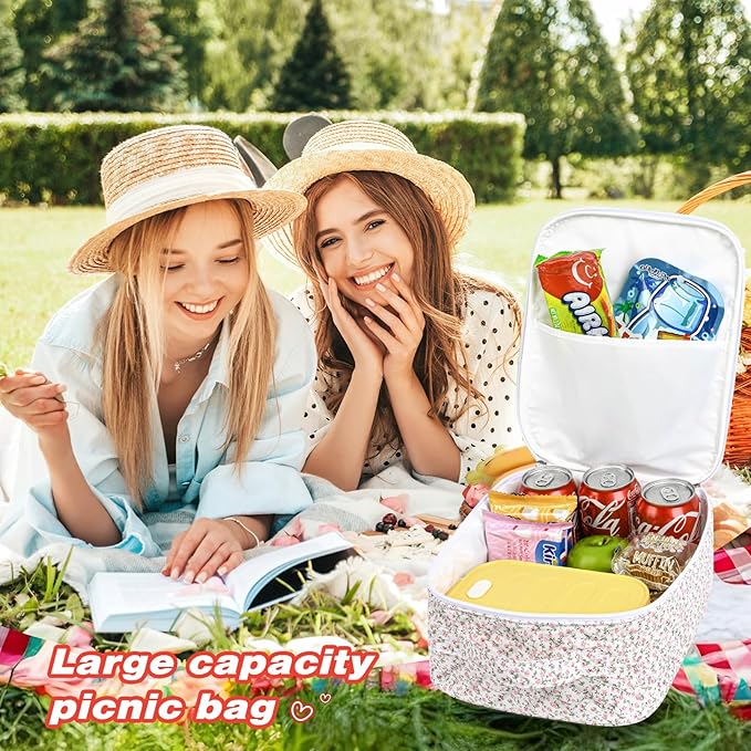 Aileam Lunch Box Lunch Bag for Women Cute Girls Insulated Womens Lunch Bag For Work Quilted Large Capacity Reusable Insulated Cooler for Work School Picnic Travel Pink Little Floral