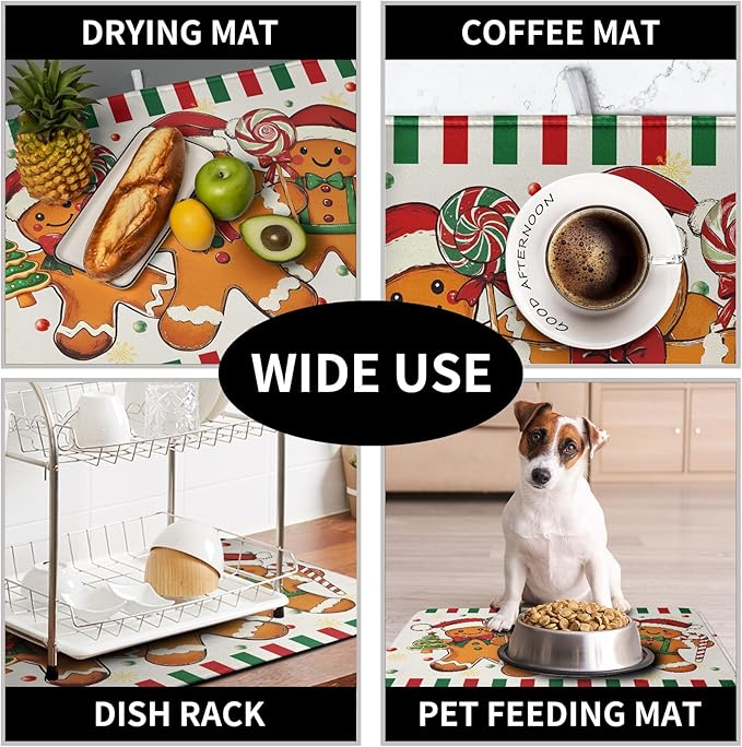 Christmas Dish Drying Mat Gingerbread Man Candy Cane Xmas Tree Drying Mats for Kitchen Counter Winter Holiday Dish Drainer Pad Absorbent Microfiber Dish Draining Mat 18x24 Inch