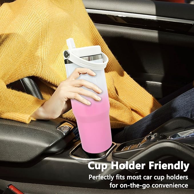 30 oz Tumbler with Handle and Straw, Vacuum Insulated Tumblers with Flip Straw and Top Handle, Leakproof Tumbler, Stainless Steel Travel Mug for Coffee Water, Cold for 20 Hours(Pink White Gradient)