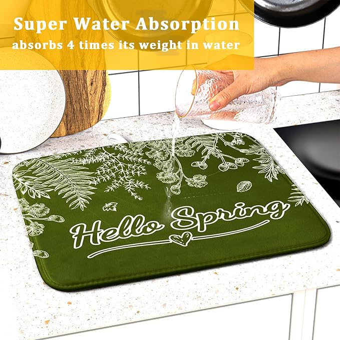 Spring Dish Drying Mats 16x18 Inch,Sage Green Leaves Seasonal Absorbent Microfiber Dishes Drainer Rack Mat Fast Dry Drying Pad for Countertop Table Sink Kitchen Decor Accessories