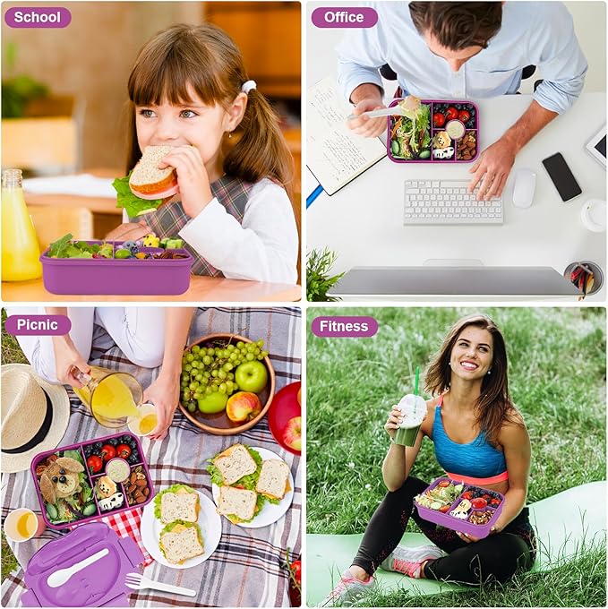 Bento Box Adult Lunch Box,Lunch Containers for Adults Kids,5-Compartment Bento Box for Kids Snack Boxes with Cutlery (Purple)