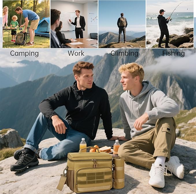 Tactical Lunch Box for Men, Insulated Lunchbox Waterproof Leakproof Cooler Lunch Bag for Work Outdoor Picnic, 24 Cans/15 L, Khaki