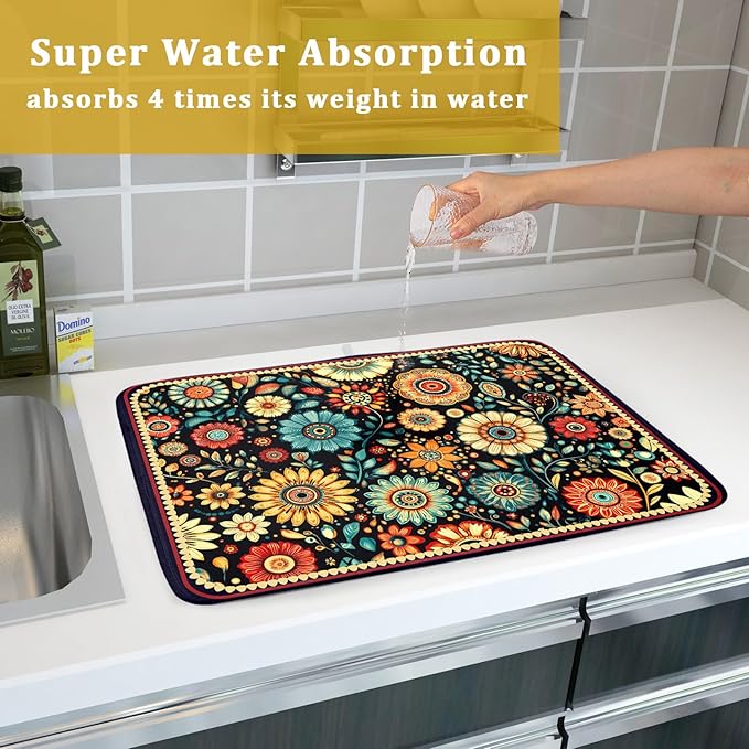 Boho Floral Dish Drying Mat for Kitchen Counter Absorbent Microfiber Flowers Drying Pad 18 X 24 In